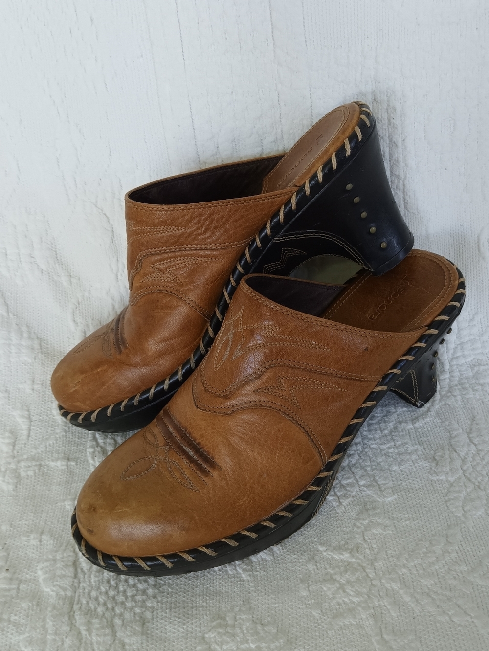 Sonora Tan Leather Slip On Clog Mule Western Cowgirl Chunky Heel Embroidery - Picture 5 of 16